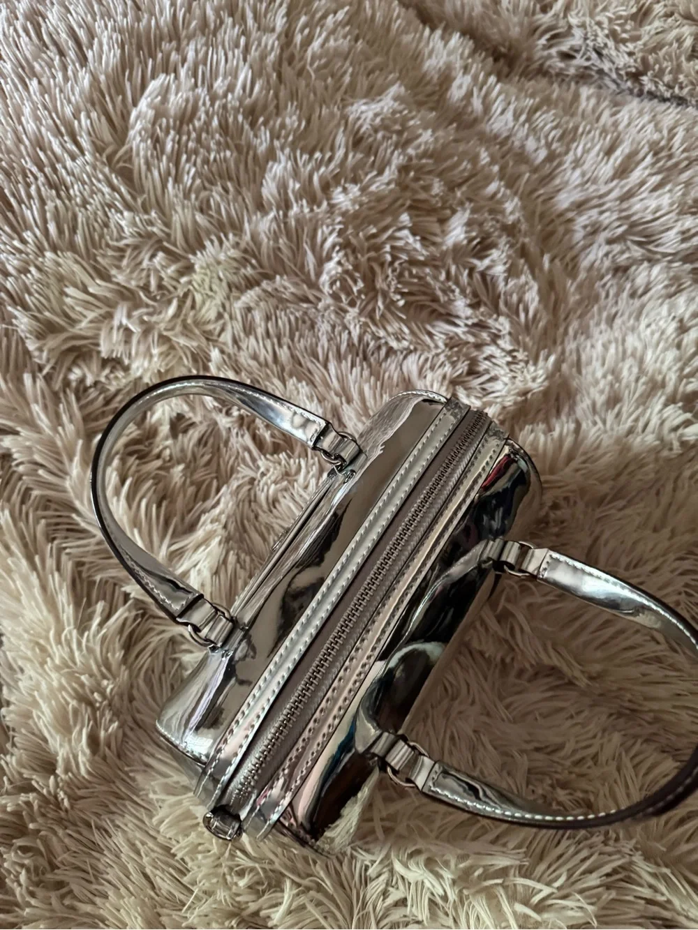 Michael Kors Metallic Silver Mirror Mini Barrel Satchel Crossbody Bag